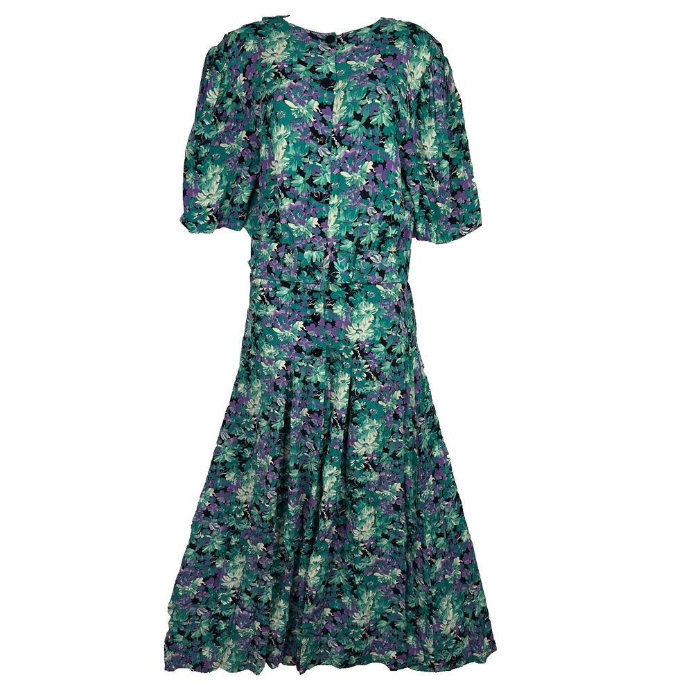 Vintage ‎ 80s E.D. Michaels Floral Maxi Dress Green Purple Prairie Cottagecore